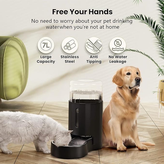 CZPET Dog Water Bowl Dispenser 7L, Wider Mouth & Upgraded Brush for Easy Cleaning Automatic Cat Gravity Refilling Waterer with Removable Stainless Steel Bowl, Large Drinking Area for Multi-Pet (Black)