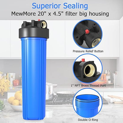 WHB20 Whole House Water Filter Housing, Fit 20"x4.5" Sediment etc Filters for Well and City Water, Big Filter Blue Pre-Filtration System for Home, 1" NPT Port, Pressure Release