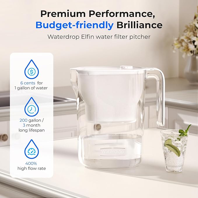 Waterdrop PT-05W-L Water Filter Pitcher, 7-Cup, NSF Certified, 200-Gallon Long-Life Filter Purifier, Reduces Chlorine and PFOA/PFOS, for Countertop, Replaces 6,400 Plastic Water Bottles a Year, White