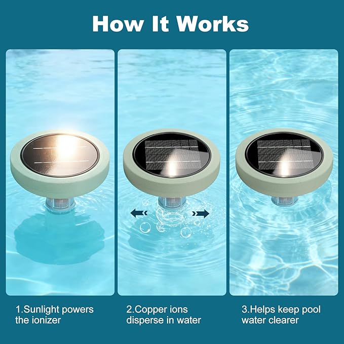 Solar Pool Ionizer for Above Ground, Solar Powered Floating Copper Purifier, Reduce Chlorine 85% Up to 45,000 Gallons, Swimming Pools Water Cleaner for In-ground Pools and Spas (Green)