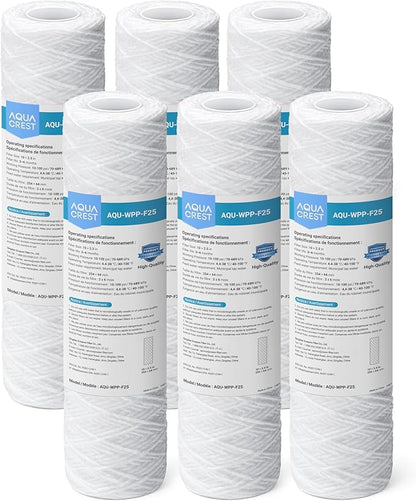 AQUA CREST 5 Micron 10"x2.5" String Wound Sediment Water Filter Cartridge for Well Water, Universal Replacement for Any 10 inch RO Unit, WP-5, Aqua-Pure AP110, CFS110, Culligan P5, WFPFC4002, 6Pack