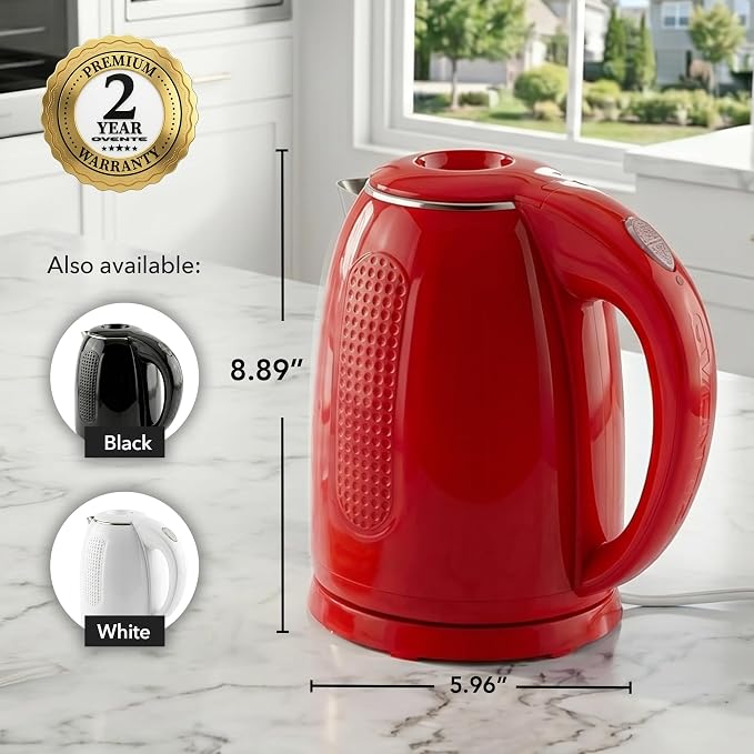 OVENTE 1.7L Double Wall Electric Tea Kettle, 1100W Water Boiler and Heater with Cool-Touch Exterior, Stainless Steel Insulated Interior, Auto Shut-Off, Boil-Dry Protection & Locking Lid, Red KD64R
