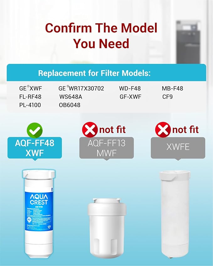AQUA CREST XWF Refrigerator Water Filter, Replacement for GE® WR17X30702, Compatible with GE® GNE27, GFE26, GDE25, GSS25, PSE25 Series Refrigerators, NSF 42/372 Certified, 3-Pack (No-chip)