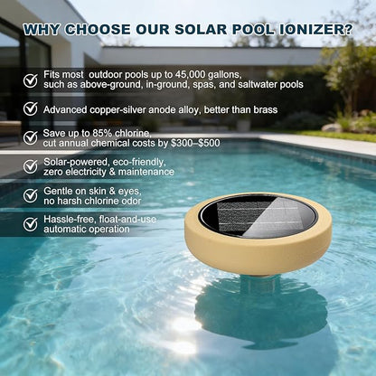 Solar Pool Ionizer for Above Ground, Solar Powered Floating Copper Purifier, Reduce Chlorine 85%, Up to 45,000 Gallons, Swimming Pools Water Cleaner for In-ground Pools and Spas (Yellow)