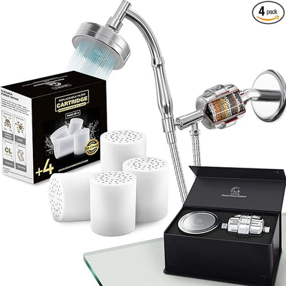 AquaHomeGroup Handheld Shower Head with Filter - 20 Stage Filtration Shower Filter for Hard Water - Vitamin C E and A and 4x filter cartridge bundle