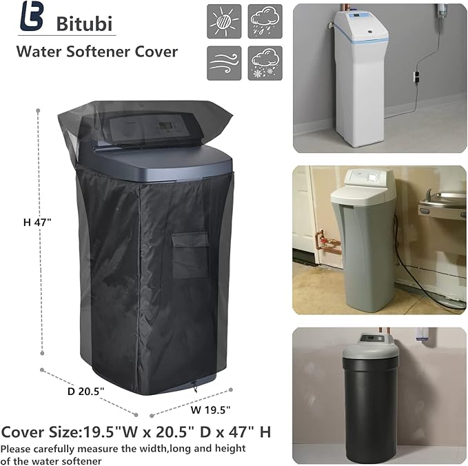 Bitubi Water Softener Cover for WHES30E/WHES40E Grain Water Softener System with Zipper Opening,Waterproof Anti-UV Indoor/Outdoor All Weather Protection 19.5"W x 20.5" D x 47" H, Black