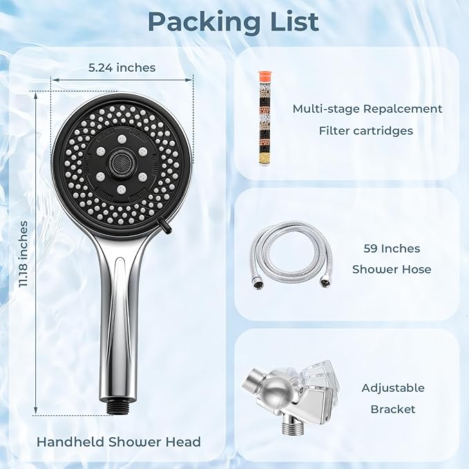 Filtered High Pressure 7-Function Shower Head with Handheld – 5.24" Spray Nozzles, 59" Stainless Steel Hose & Adjustable Shower Holder for Full Body Coverage Chrome