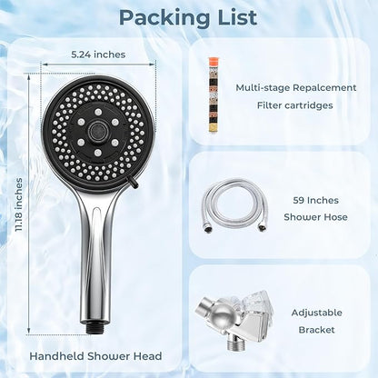 Filtered High Pressure 7-Function Shower Head with Handheld – 5.24" Spray Nozzles, 59" Stainless Steel Hose & Adjustable Shower Holder for Full Body Coverage Chrome