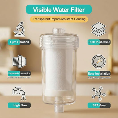 1 micron Carbon Shower Filter, Visible Water Filter for Washing machine, shower head filter, 99% Removal of Chlorine, Fluoride, Heavy metal, Odor & Scale, Improves Skin Condition, Protects hair