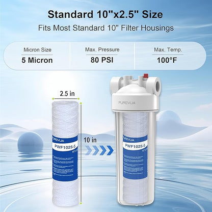 5 Micron 10"x2.5" String Wound Sediment Filter, Whole House Water Filter Cartridge for Well Water, Compatible with CW-F, AO-WH-PRE-R2, WHKF-WHSW, Fits Standard 10" Housings, 6 Pack