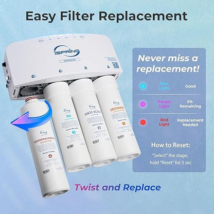 iSpring RO5004F-AK UV Alkaline Reverse Osmosis Water Filter, SGS Tested PFAS and TDS Reduction, 500 GPD Tankless Remineralization RO System Under Sink, Filter Life Monitor, 2:1 Pure to Drain