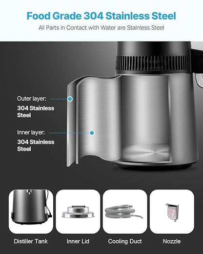 VEVOR Water Distiller, 6L/1.6 Gallon Larger Pure Water Purifier Filter for Home Table Countertop, 900W Glass Pot Distilled Maker, Stainless Steel Interior Drinking Machine to Make Clean Water