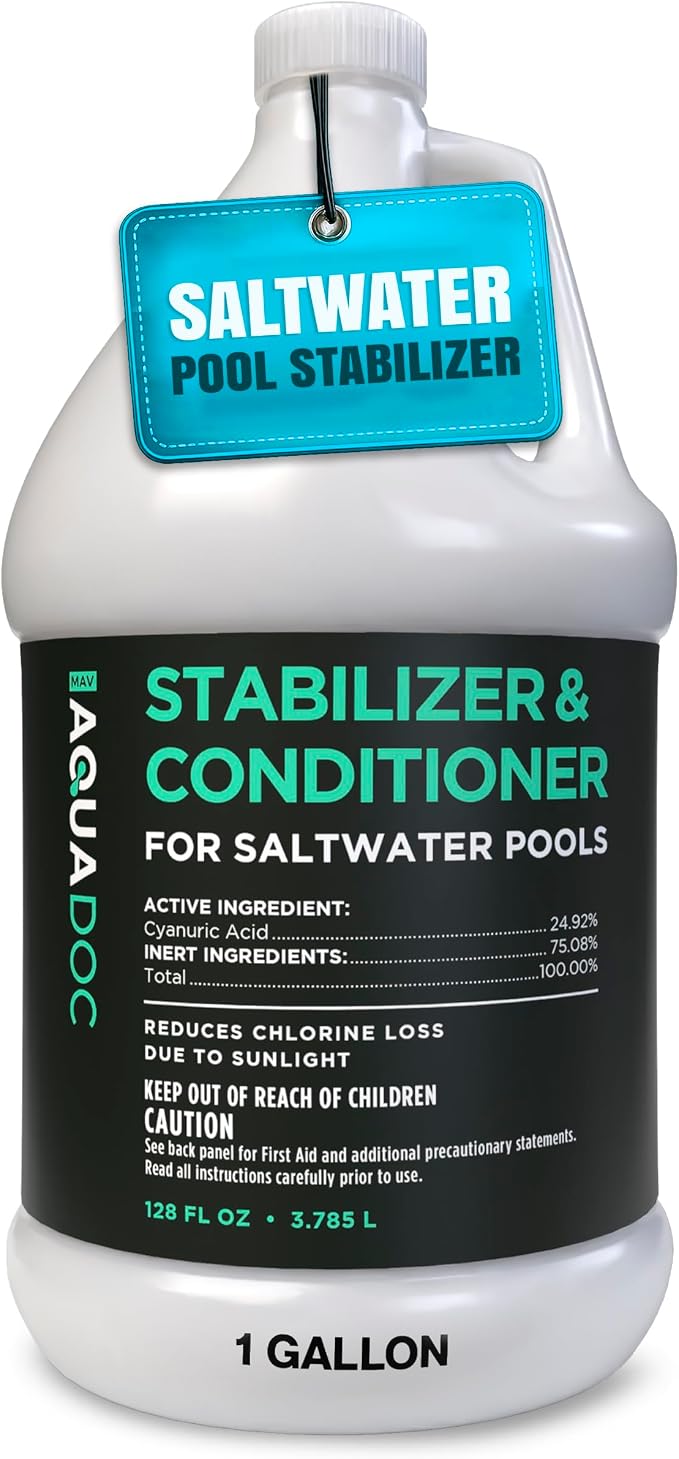 AquaDoc Saltwater Pool Stabilizer and Conditioner - 128 oz - Liquid Cyanuric Acid Stabilizer for Saltwater Swimming Pools to Reduce Chlorine Loss from Sunlight - Made in the USA