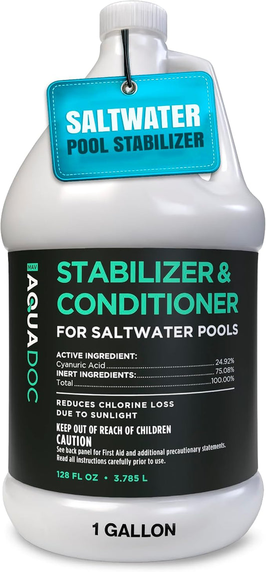 AquaDoc Saltwater Pool Stabilizer and Conditioner - 128 oz - Liquid Cyanuric Acid Stabilizer for Saltwater Swimming Pools to Reduce Chlorine Loss from Sunlight - Made in the USA