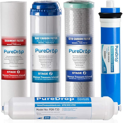 PureDrop PDR-F5-50 Replacement Water Filter Pack for 50 GPD Reverse Osmosis System, 5 Piece