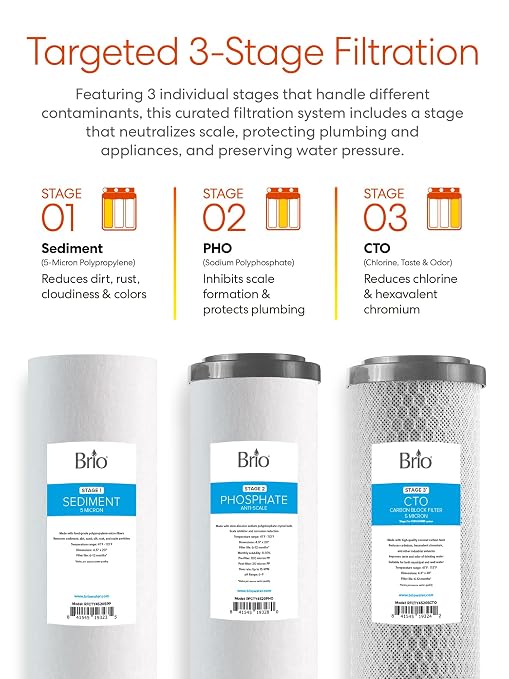 Brio 3-Stage Whole House Filtration System, Anti-Scale, 900 GPH, 4.5" x 20" Sediment, PHO, and CTO Carbon Block Filters Included w/Lifespan of 12 Months