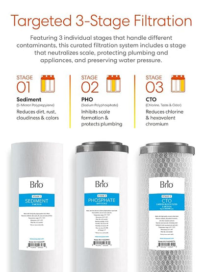 Brio 3-Stage Whole House Filtration System, Anti-Scale, 900 GPH, 4.5" x 20" Sediment, PHO, and CTO Carbon Block Filters Included w/Lifespan of 12 Months
