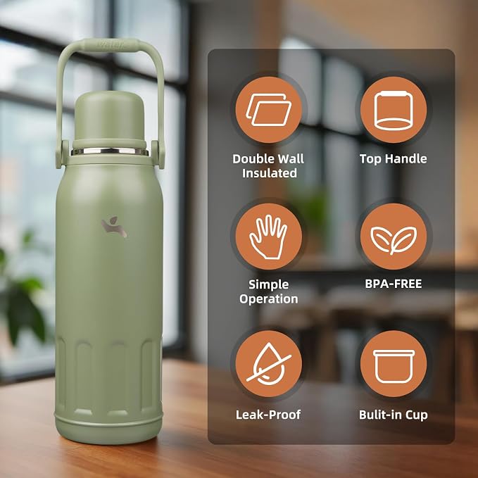 Konokyo Insulated Water Bottle with Handle and Strap,Vacuum Travel Tumbler with Cup Lid,Thermo Coffee Cup for Hot Cold Drinks 50 OZ,Army Green