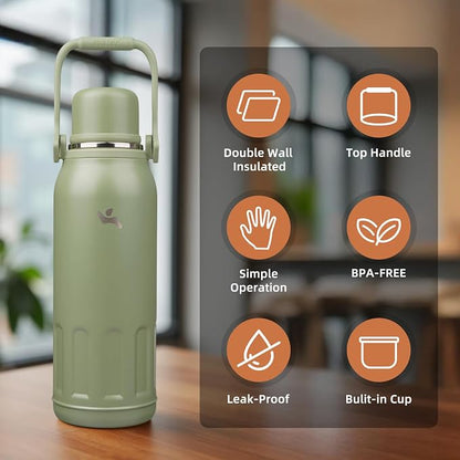 Konokyo Insulated Water Bottle with Handle and Strap,Vacuum Travel Tumbler with Cup Lid,Thermo Coffee Cup for Hot Cold Drinks 50 OZ,Army Green