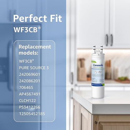 WF3CB Replacement Water Filter, 4 Pack | Compatible with Frigidaire WF3CB, Pure Source 3, 706465, 242069601, 242086201, 242017800, WF425, Height 9 inches