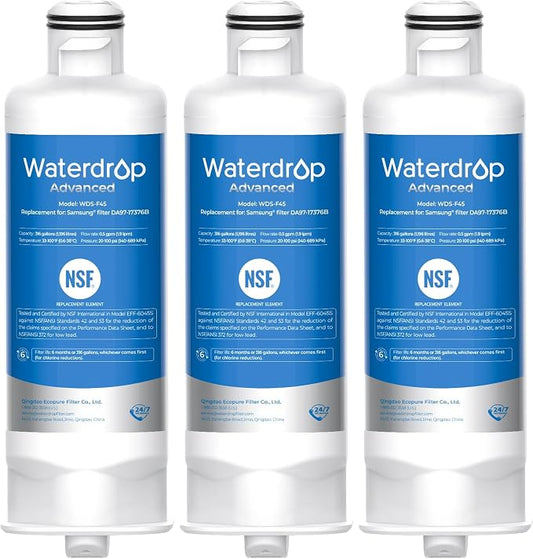 Waterdrop WDS-F45 Water Filter Replacement for Samsung® DA97-17376B, 3 Pack | NSF 53&42 Certified, Replacement for Samsung® DA97-17376B, HAF-QIN/EXP, DA97-08006C, RF28R7351SG, RF23M8570SR