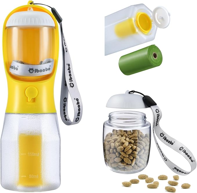 Cibaabo Dog Water Bottle with Food Container & Poop Bag Holder & Filter | Travel Water Bowl, Portable Pet Dispenser, Dog Gifts, Puppy Essentials for Walking Hiking