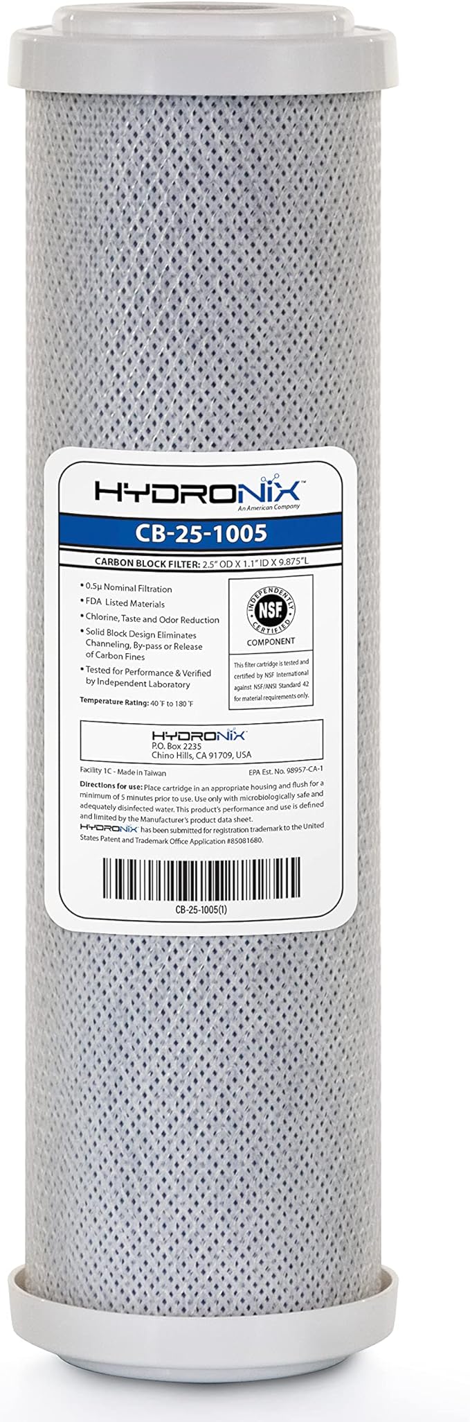 Hydronix CB‑25‑1005 Whole House Coconut Carbon Block Water Filter – 5-Micron Replacement Cartridge for RO & Drinking Water Systems | Standard 2.5 x 10 Inch Filter Housings | 6-Month Replacement