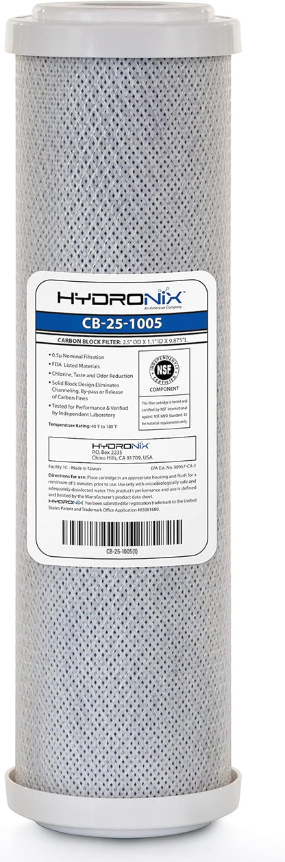 Hydronix CB‑25‑1005 Whole House Coconut Carbon Block Water Filter – 5-Micron Replacement Cartridge for RO & Drinking Water Systems | Standard 2.5 x 10 Inch Filter Housings | 6-Month Replacement