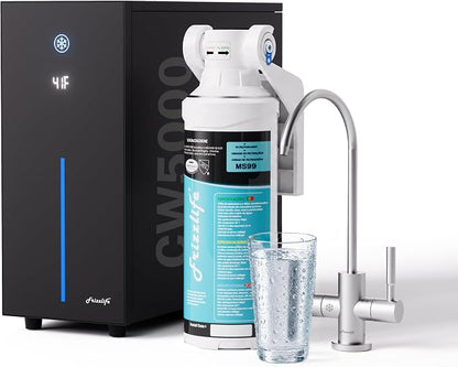Frizzlife Under Sink Water Chiller Cooling System with Filter, CW5000+MS99 | Cold & Room-temp Outlets Faucet, NSF 53/42/372 Certified MS99 Superior Filtration, Adjustable Cooling, Space Saving Design