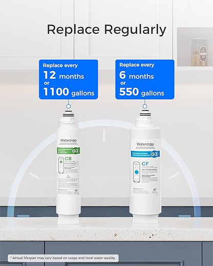 Waterdrop G3-2CFCB Filter, Replacement for Waterdrop G3-W & G3P600 & G3P800 Reverse Osmosis System, Pack of 2 G3-N1CF Filters and 1 G3-N3CB Filter, 1-Year Combo