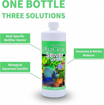 Saltwater Complete – Live Nitrifying Bacteria Blend for Saltwater & Reef Aquariums - Instant Cycle Marine Tank Starter - Removes Ammonia Nitrite - Clarifier - Safe for Fish Coral Invertebrates - 12oz