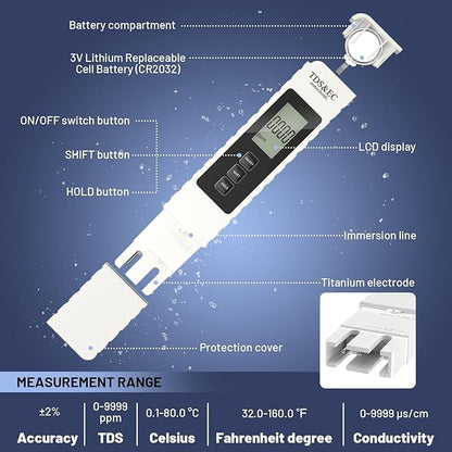 TDS Meter Digital Water Tester, 3 in 1 TDS EC & Temperature Meter(°C, °F) 0-9990 ppm Water Quality Tester Portable Water Testing Kits for Hydroponics Aquariums Spa Water RO/DI Systems
