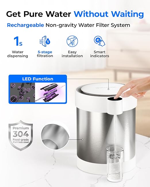 Waterdrop ED09W Rechargeable Non-Gravity Water Filter System with LED Function, Reduces 70+ Contaminants, Lead, Chlorine, 5-Stage Stainless Steel Filtration System, 22-Cup