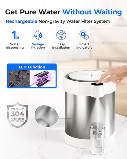 Waterdrop ED09W Rechargeable Non-Gravity Water Filter System with LED Function, Reduces 70+ Contaminants, Lead, Chlorine, 5-Stage Stainless Steel Filtration System, 22-Cup