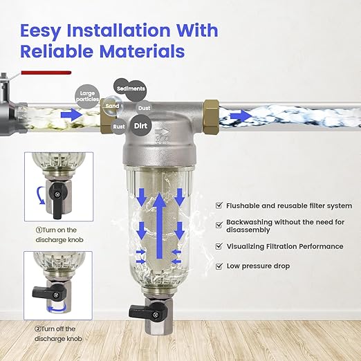 Amwater 304 Stainless Steel 40 Micron Spin Down Water Filter, Whole House Spin Down Sediment Water Filter, Reusable Flushable Pre-Filtration System, 3/4" MNPT + 1/2" FNPT, BPA Free