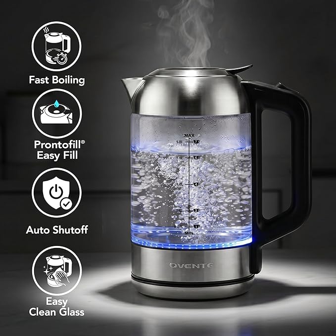 OVENTE Electric Kettle, 1.8L Glass Tea Kettle & Stainless Steel BPA-Free Cordless Electric Kettle, 1500W Fast Boil Electric Pot with Easy-Fill Lid, Auto Shut-Off & Boil Dry Protection, Silver KG751S