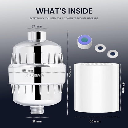 PUREVIA Shower Filter for Hard Water – Helps Reduce Chlorine & Common Water Impurities | High Pressure Water Filter | Universal Fit | Replaceable Cartridge | Easy 2-Minute Installation | Chrome