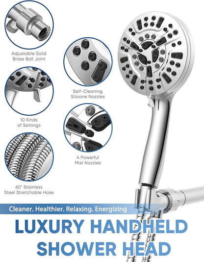 Pavezo® High Pressure Shower Head Handheld 5" Large, Extra Long 60" SS Hose 10-mode Portable Detachable Shower Head with Hard Water Filter for Bathroom, Anti-clog & Powerful to Clean Tile & Pets