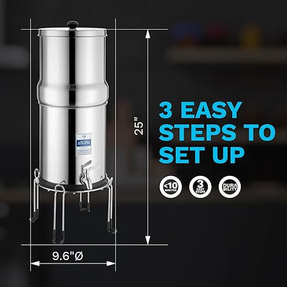 Survivor Filter Ultra Gravity Water Filter System - Stainless Steel Countertop Gravity Fed Water Filter with Stand, 2.25 Gallon, for Home and Outdoors - Removes Bacteria, Viruses, and Parasites