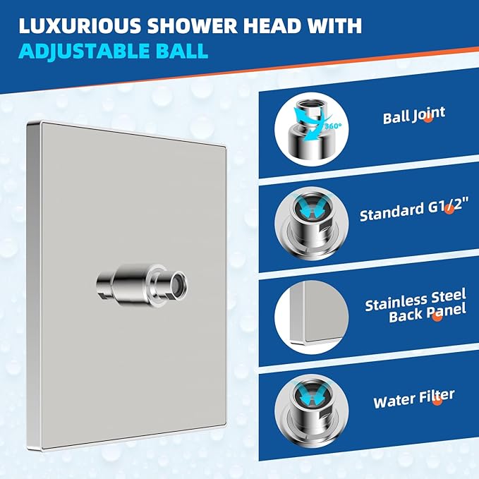 Hibbent cUCPC Certified Metal Showerhead, 10'' High Pressure Rainfall Shower Head, Square Large Bathroom Waterfall Shower Heads, High Flow Fixed Showerheads with Adjustable Brass Ball Joint, Chrome