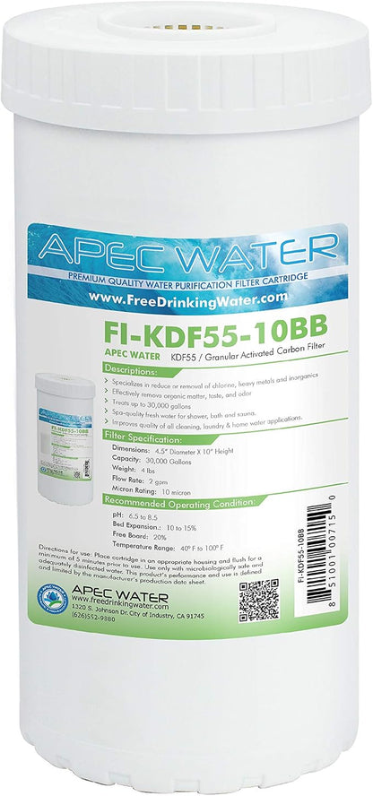 APEC Water FI-KDF55-10BB GAC Carbon Water Filter Whole House Replacement Cartridge; Heavy Metals, Chlorine & Bacteria Reduction, 4.5" x 10"