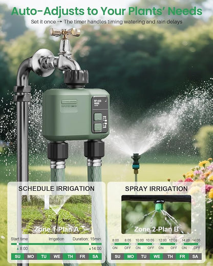 WiFi Water Timer 2 Zone for Garden Hose, Smart Sprinkler Timer with 984ft RF Range, Smart Lawn Watering System Irrigation Controller, APP/Voice Control, Rain Delay, Automatic/Manual Irrigation