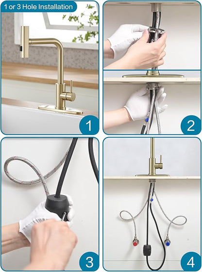 Gold Kitchen Faucets with Pull Down Sprayer,Waterfall Kitchen Sink Faucet,Commercial Utility Stainless Steel Kitchen Faucets,Single Handle Kitchen Sink Faucet with Pull Down Sprayer for 3 Function
