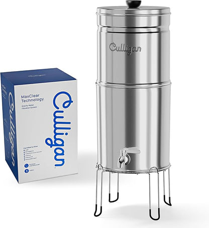 Culligan MaxClear 3 Gallon Gravity Water Filter System, Polished Stainless-Steel Countertop Water Filter NSF/ANSI Certified to Reduce Microplastics, Lead & Total PFAS, with 1 Ceramic Filter