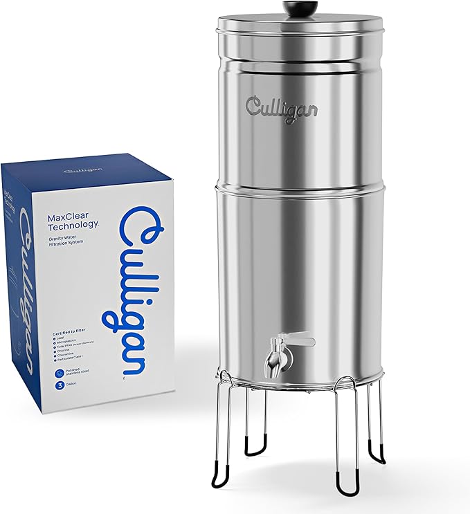 Culligan MaxClear 3 Gallon Gravity Water Filter System, Polished Stainless-Steel Countertop Water Filter NSF/ANSI Certified to Reduce Microplastics, Lead & Total PFAS, with 3 Ceramic Filters