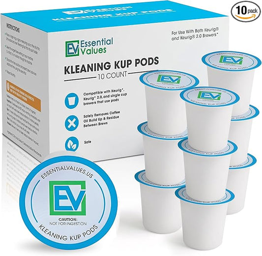 Essential Values Cleaning Pods, Compatible with Keurig, Descaling Solution 10-Pack, Descaler for Keurig Coffee Machines, Pot Kit, Coffee Maker Cleaner Filter Pods