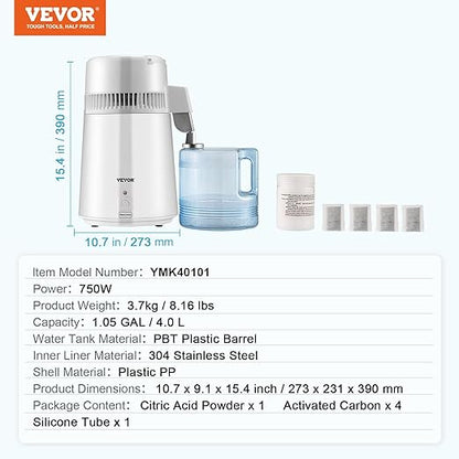 VEVOR Water Distiller, 1.1 Gal Distilled Water Machine, 750W Pure Water Distilling w/BPA Free Plastic Container, Water Distillation Kit w/Button, Countertop Distilled Water Maker for Home, White