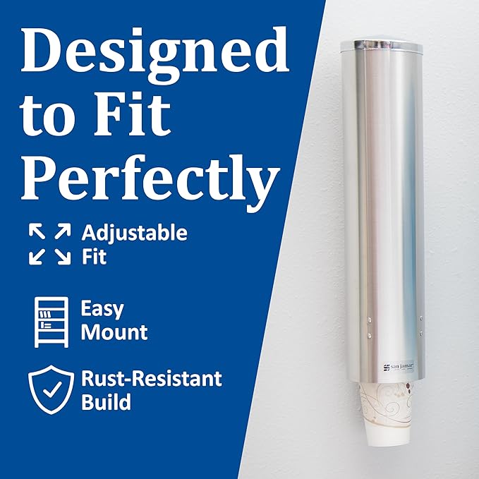 San Jamar Large Pull-Type Cup Dispenser 6-12 Oz. Flat Bottom Cups, 4.5 - 7 Oz Cone Cups with Flip Cap for Restaurants, Home, and Office, Stainless Steel, 16 Inches, Silver