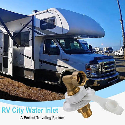TOPSHINE RV City Water Inlet with Check Valve, RV Water Fill Inlet Replacement, 3/4 GHT Female to 1/2 NPT Male, Lead-Free Brass, City Water Connection for RV Camper Motorhome Trailer with Hose Elbow