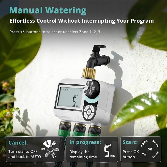 QUOBAS Brass Sprinkler Timer for Garden Hose, Programmable Water Timer | Rain Delay/Auto/Manual 3 Modes, Hose Timer for Hose Faucet with Child Lock, Waterproof Screen, 3 Zone Independent Watering